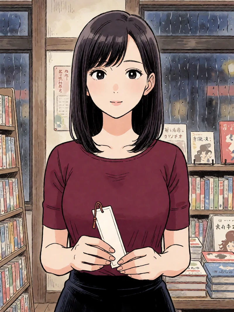 AI原创日式漫画：成年书店店长穿酒红上衣在雨夜书架间拿着书签