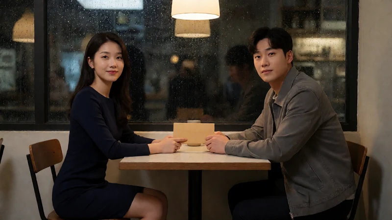AI原创影像概念帧：一对成年男女在雨夜咖啡馆隔桌看着信封