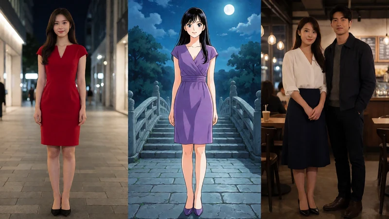 原创AI概念画面：成年虚构人物的写实造型、日式漫画与电影场景三联视觉